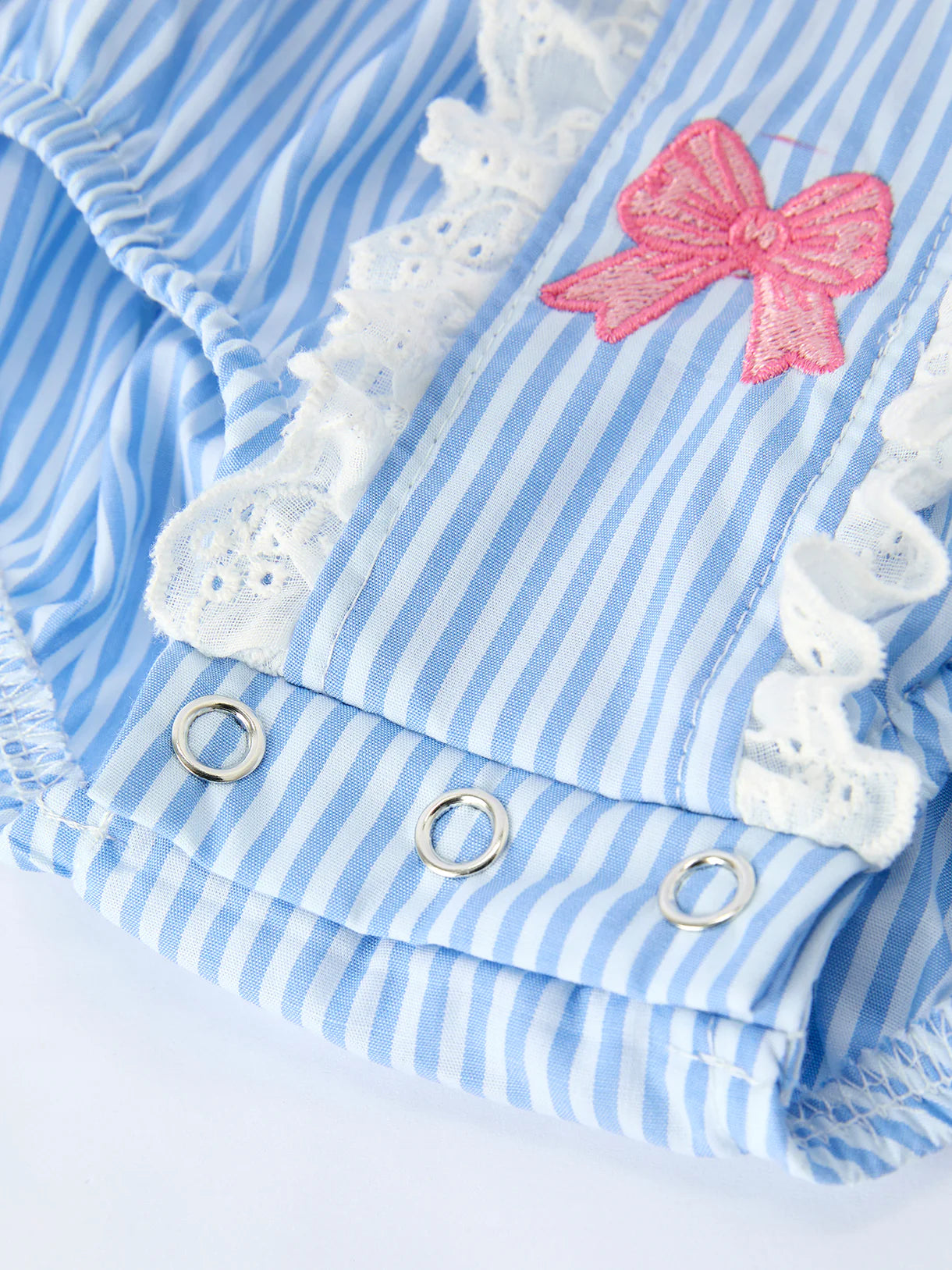 Girls Blue Seersucker Bubble Romper – Pink Bow Outfit