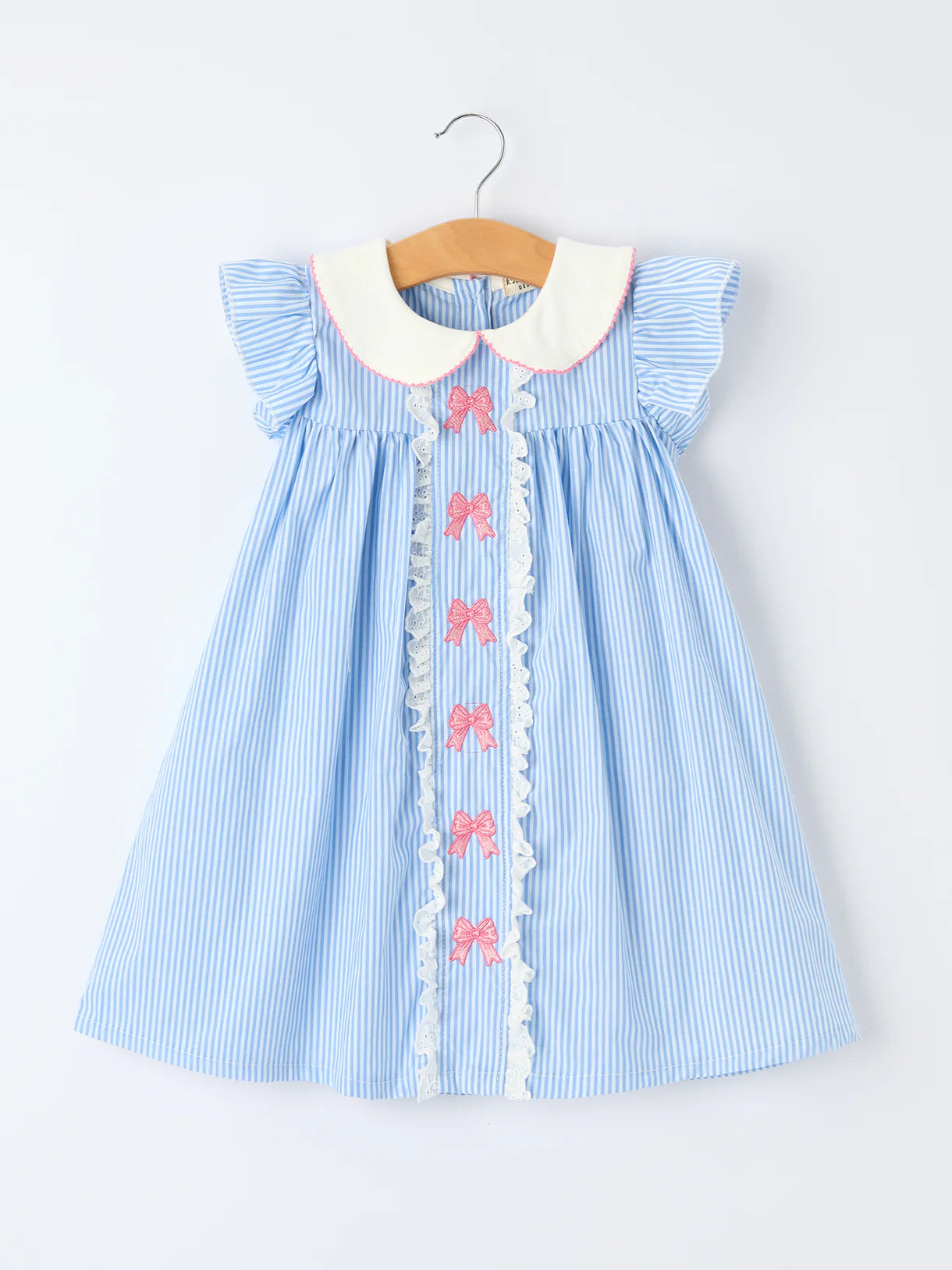 Baby Girl Blue Stripe Bow Dress with Peter Pan Collar 🎀