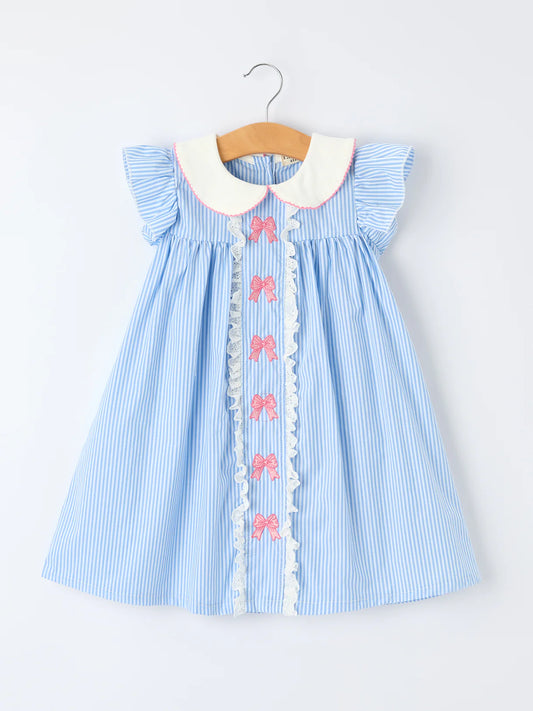 Baby Girl Blue Stripe Bow Dress with Peter Pan Collar 🎀