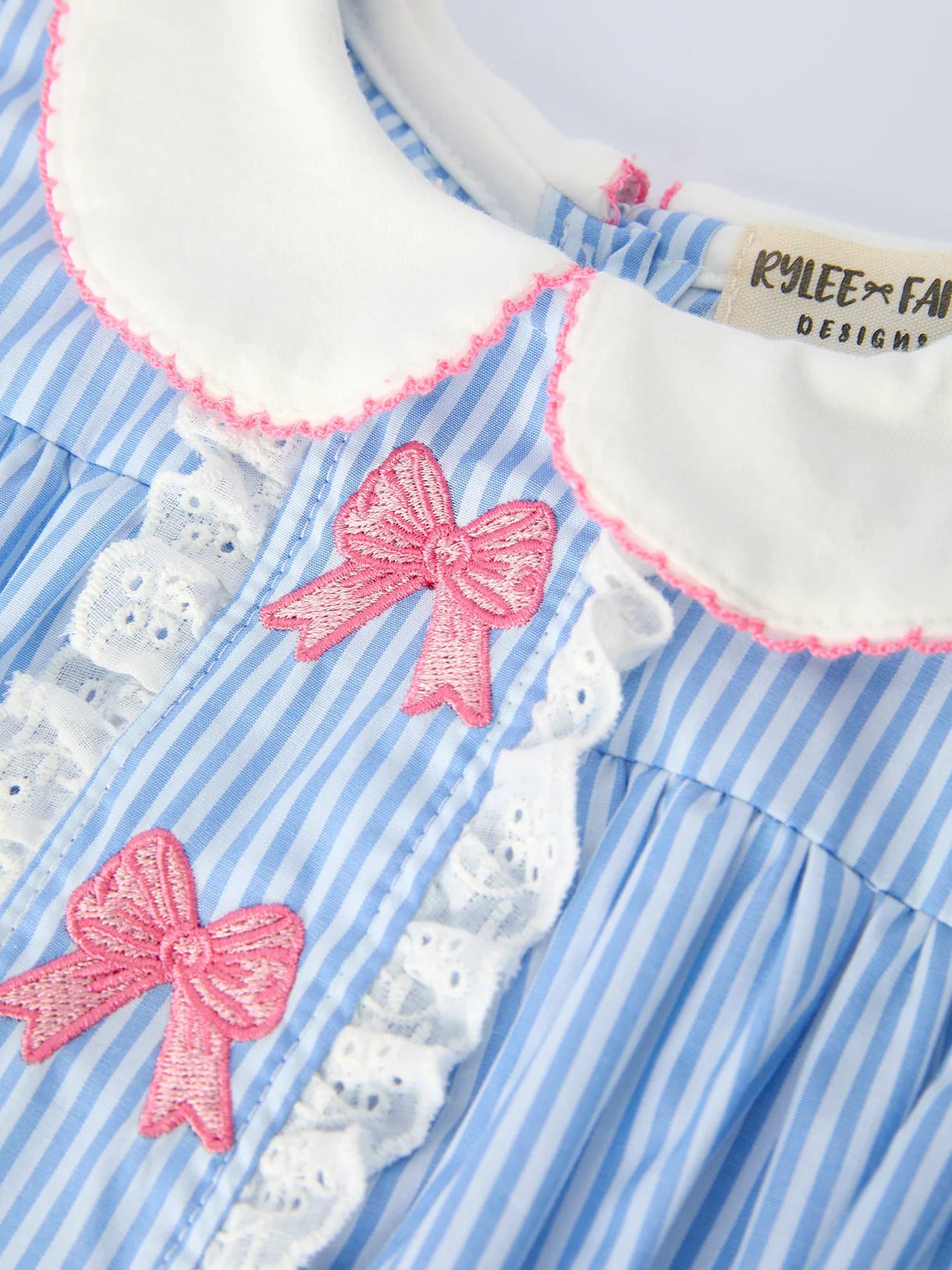 Girls Blue Seersucker Bubble Romper – Pink Bow Outfit
