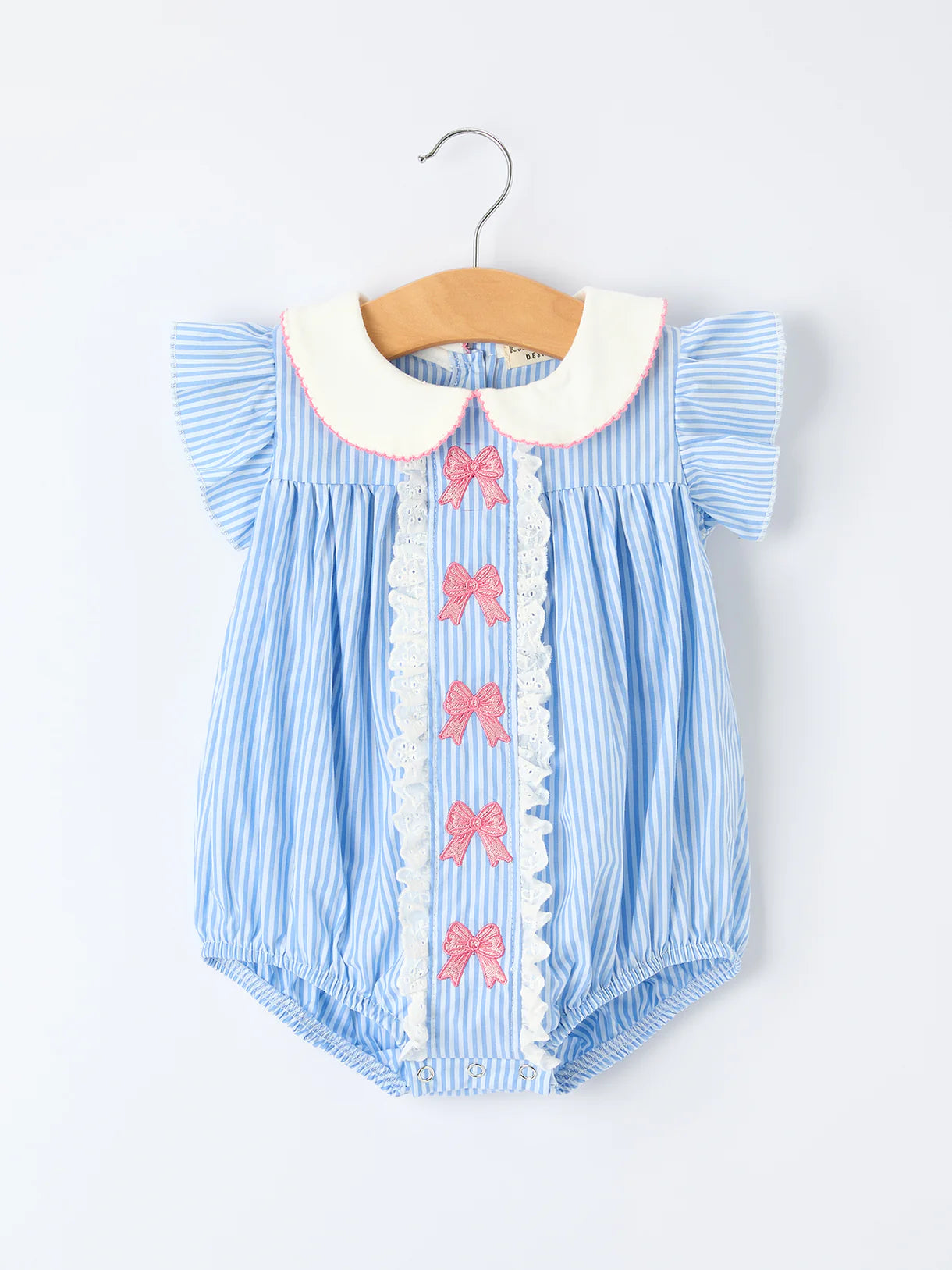 Girls Blue Seersucker Bubble Romper – Pink Bow Outfit
