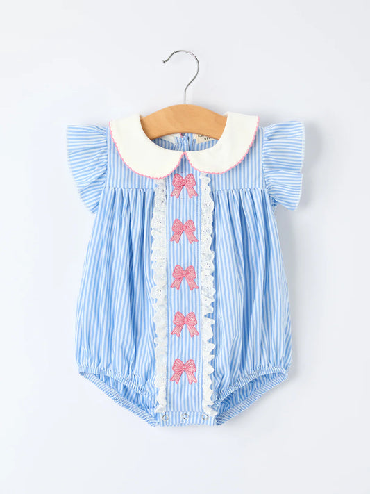 Girls Blue Seersucker Bubble Romper – Pink Bow Outfit